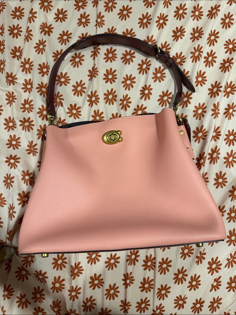 Coach Pink Leather Shoulder Bag with Brown Strap